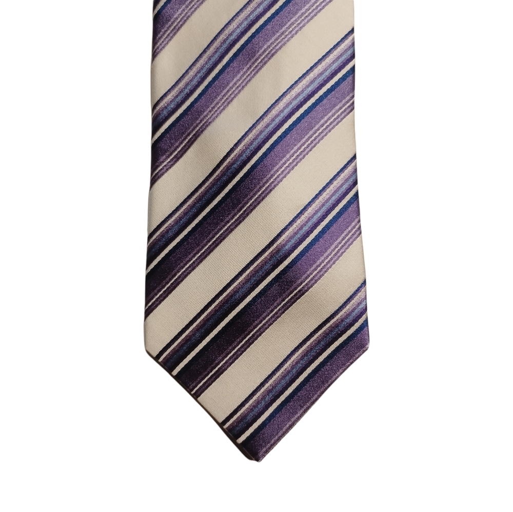 GEOFFREY BEENE 100% Silk Off White Purple Light Purple Diagonal Stripe Print Tie